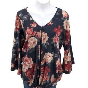 Twenty Second Womans LG Floral Shirt Bell Sleeve Flowey Blue Pink Red Cream
